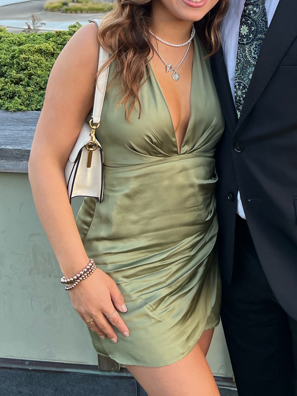 Zara Olive Green Satin V-Neck Wrap Mini Dress